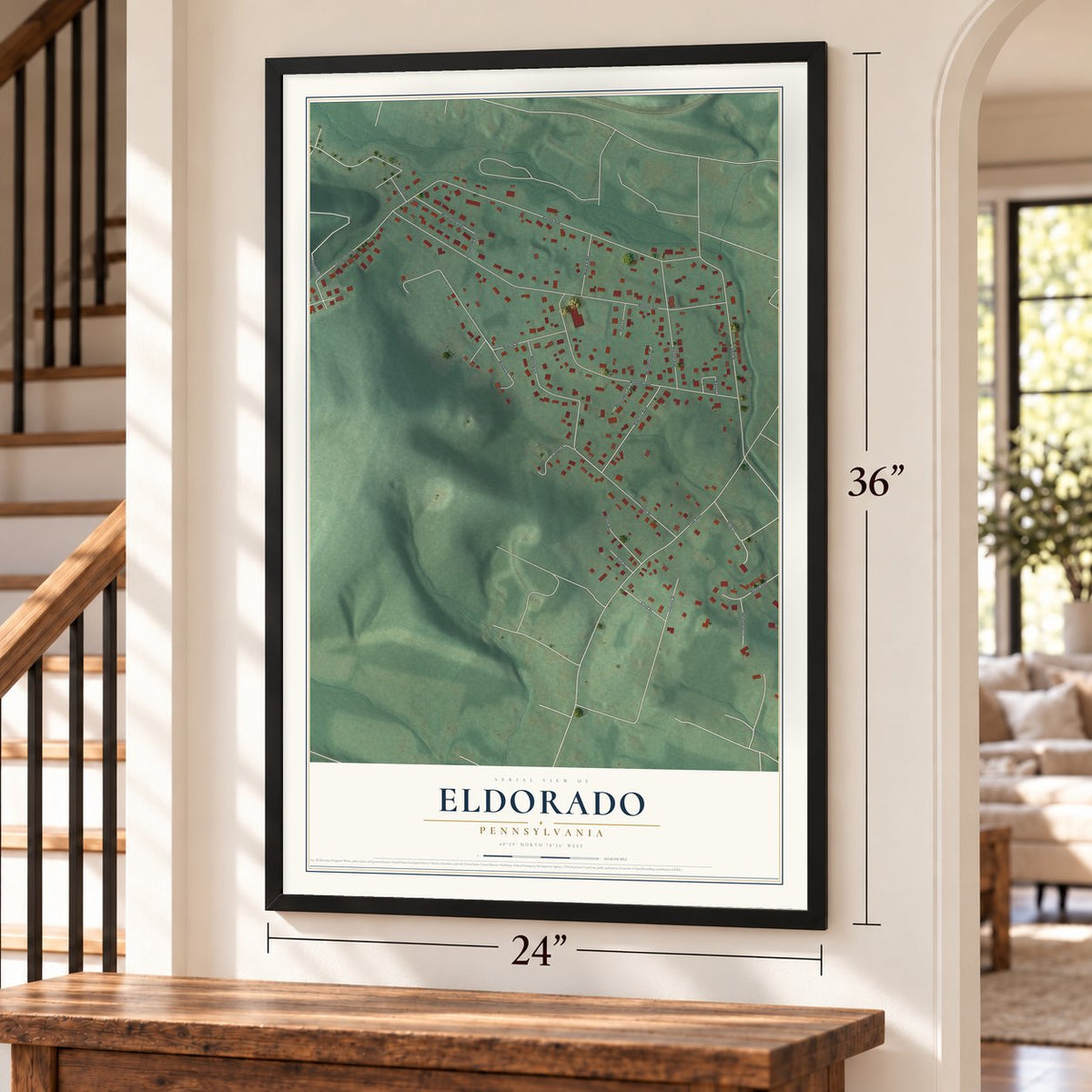 Eldorado, Pennsylvania map, 24 x 36 inch print in a black frame by a staircase