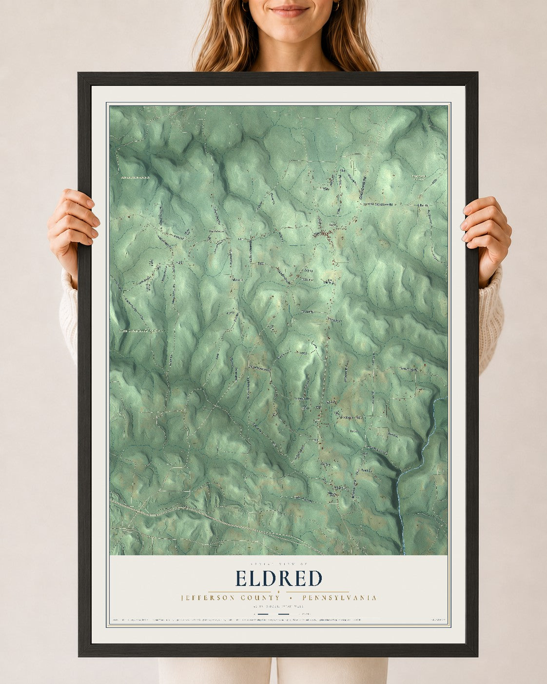 Map of Eldred, Jefferson County, Pennsylvania, 24 x 36 inch print in a black wood frame
