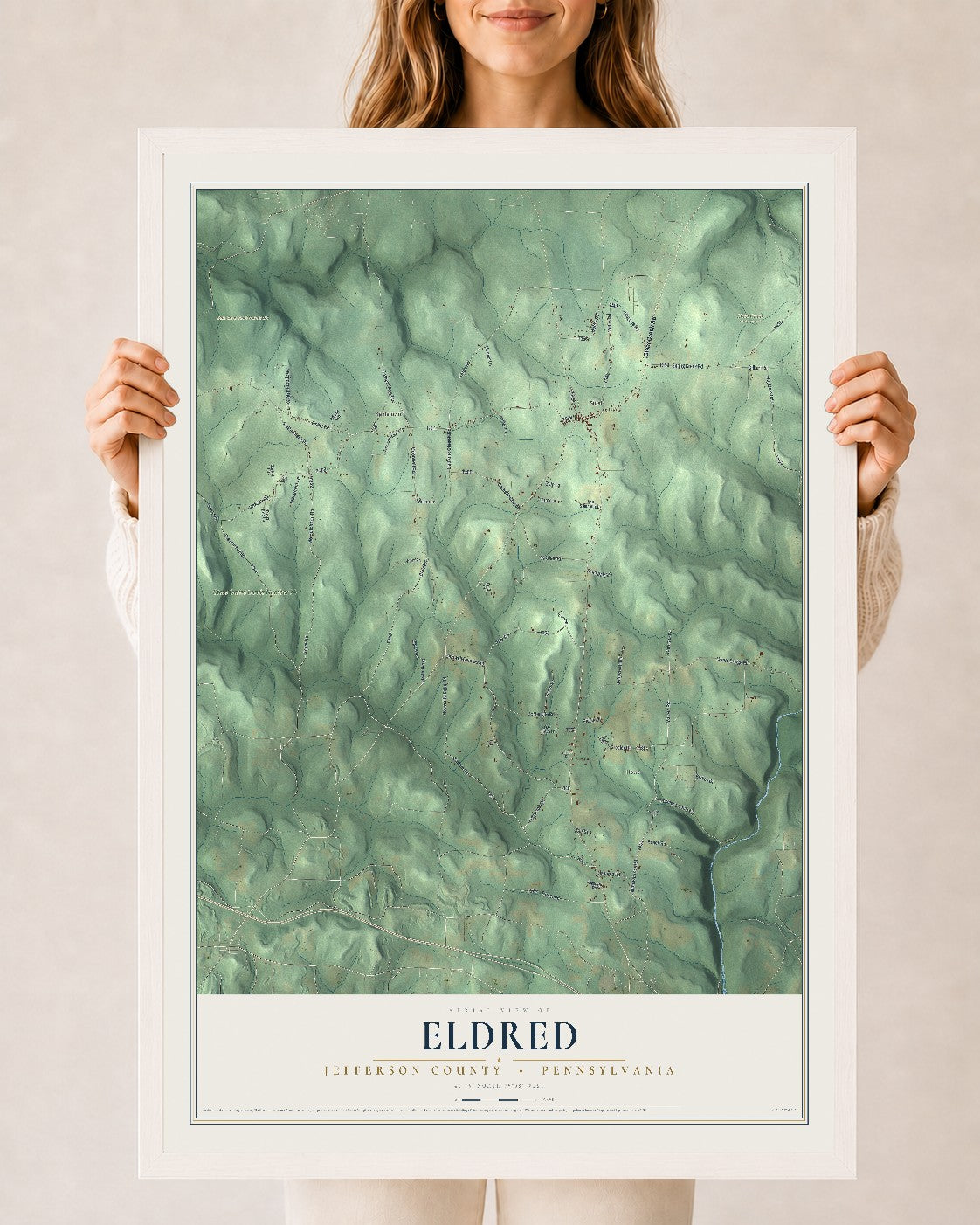 Map of Eldred, Jefferson County, Pennsylvania, 24 x 36 inch print in a white wood frame