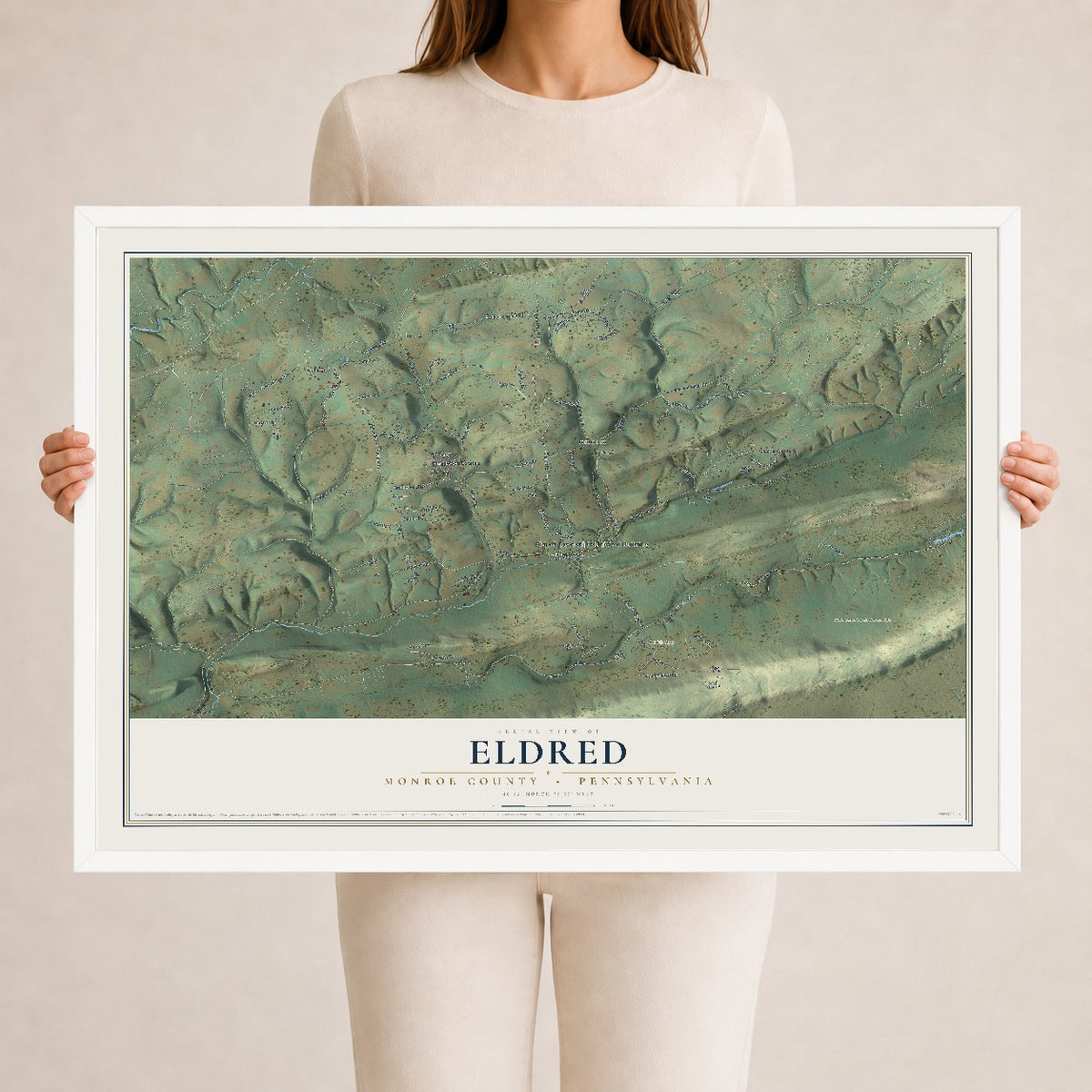 Map of Eldred, Monroe County, Pennsylvania, 24 x 36 inch print in a white wood frame