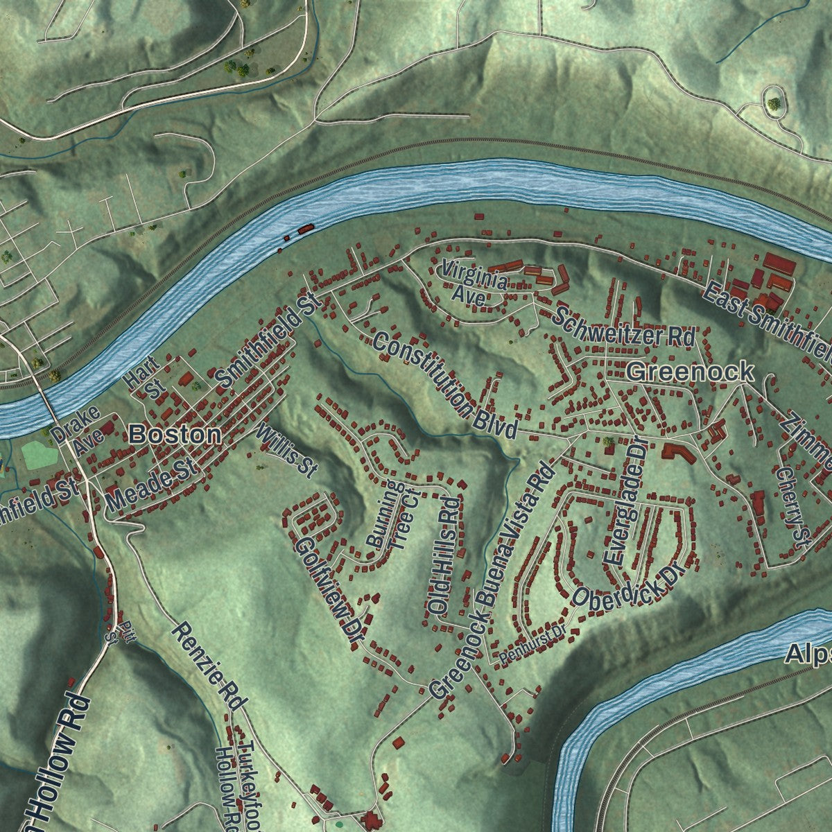 Second close-up of the map of Elizabeth, Allegheny County, Pennsylvania print showing more streets and buildings