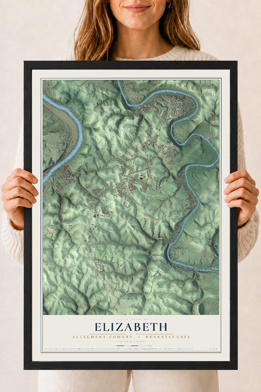 Map of Elizabeth, Allegheny County, Pennsylvania, 18 x 24 inch print in a black wood frame