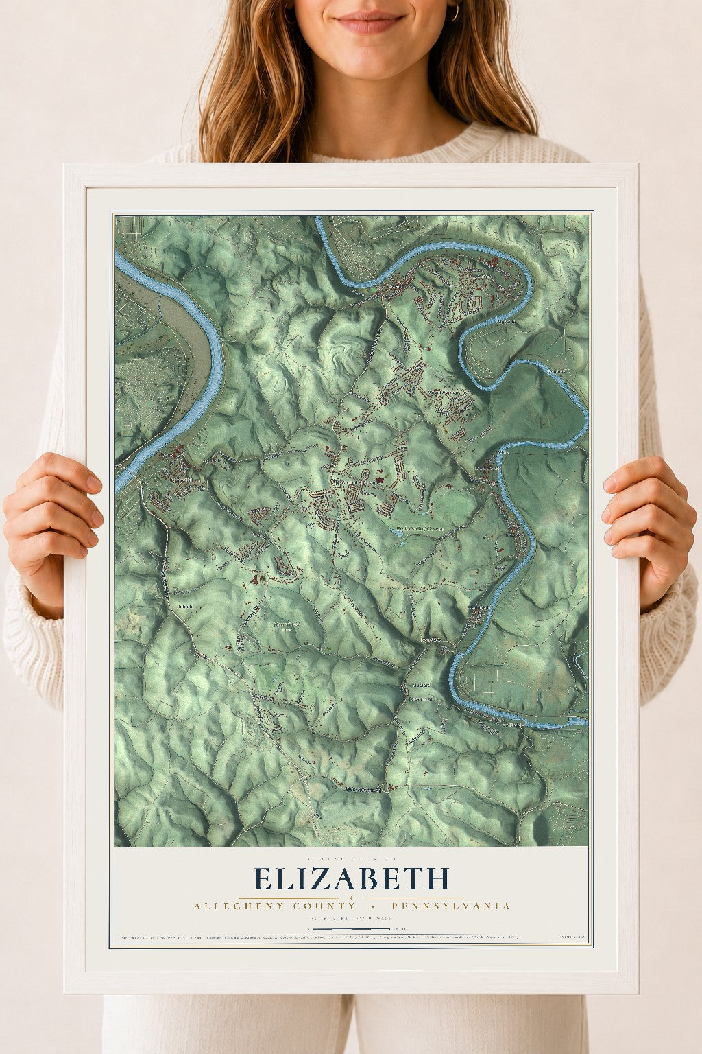 Map of Elizabeth, Allegheny County, Pennsylvania, 18 x 24 inch print in a white wood frame