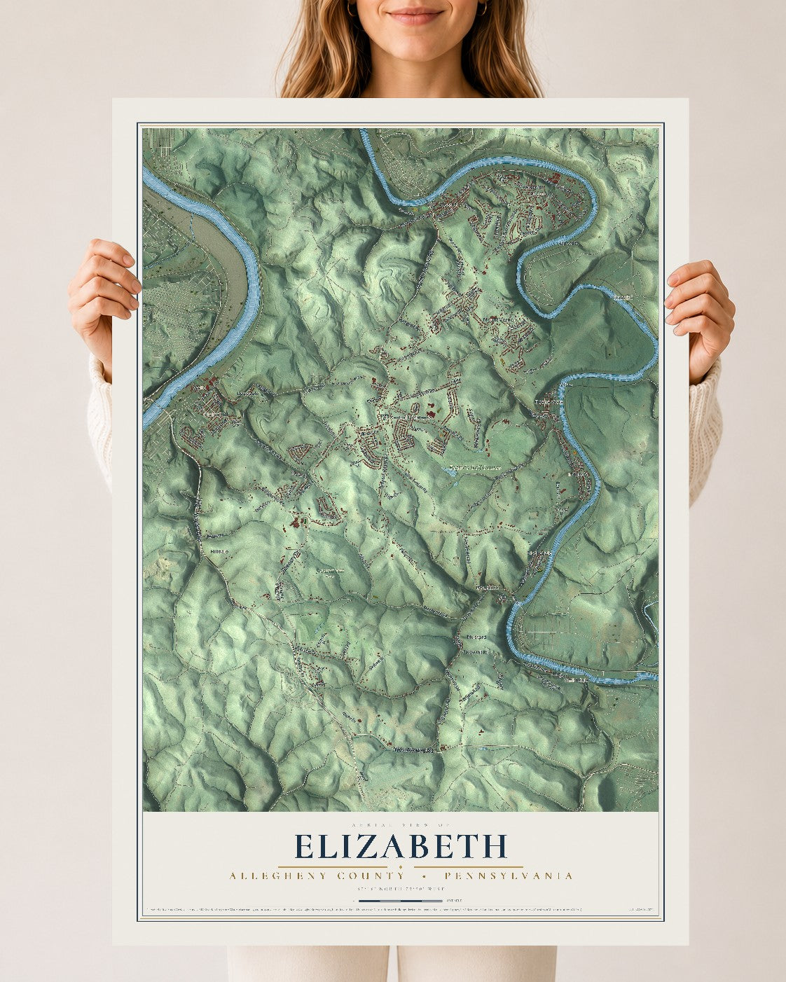 Map of Elizabeth, Allegheny County, Pennsylvania, 24 x 36 inch unframed archival matte print