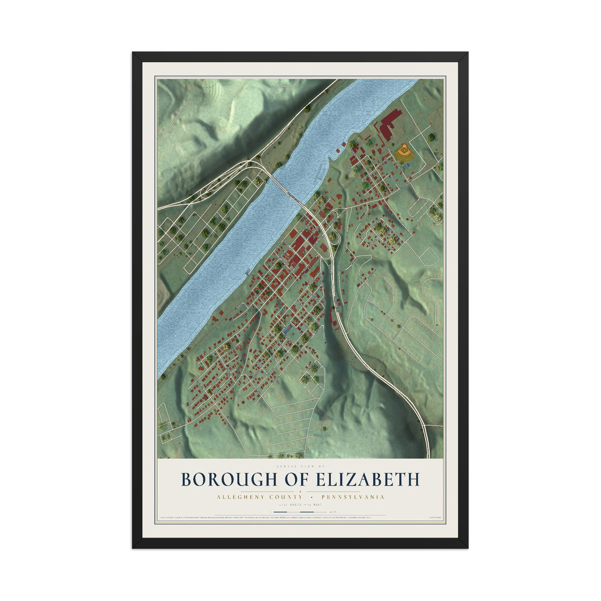 Map of the Borough of Elizabeth, Allegheny County, Pennsylvania, 12 x 18 inch print in a black wood frame