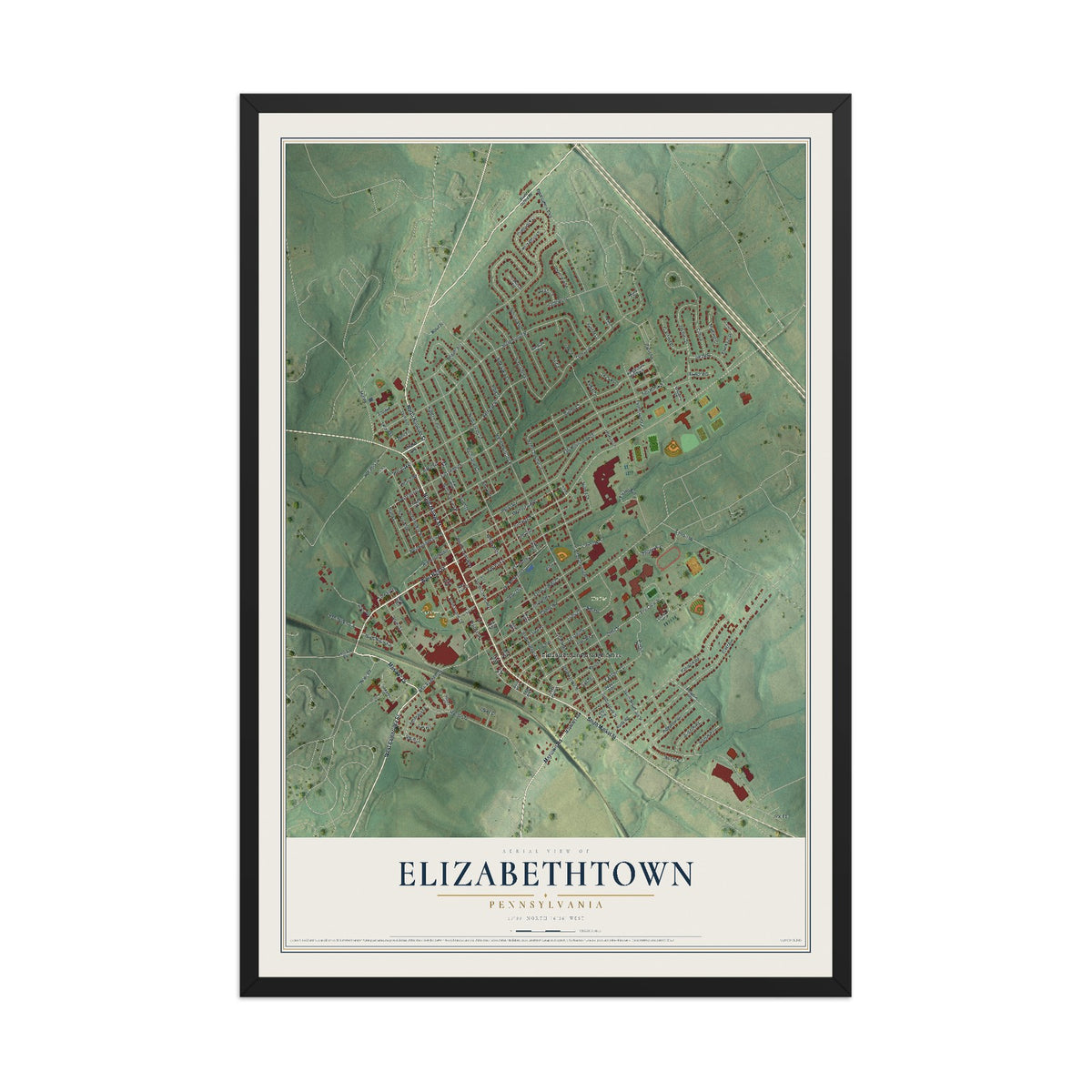 Map of Elizabethtown, Pennsylvania, 12 x 18 inch print in a black wood frame
