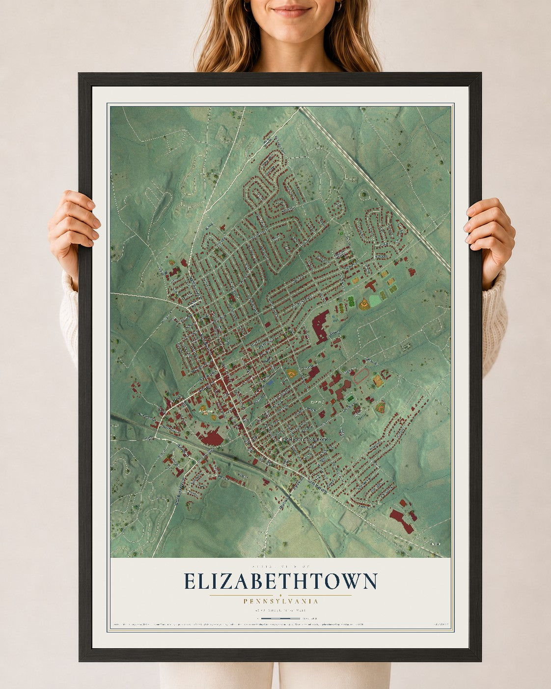 Map of Elizabethtown, Pennsylvania, 24 x 36 inch print in a black wood frame