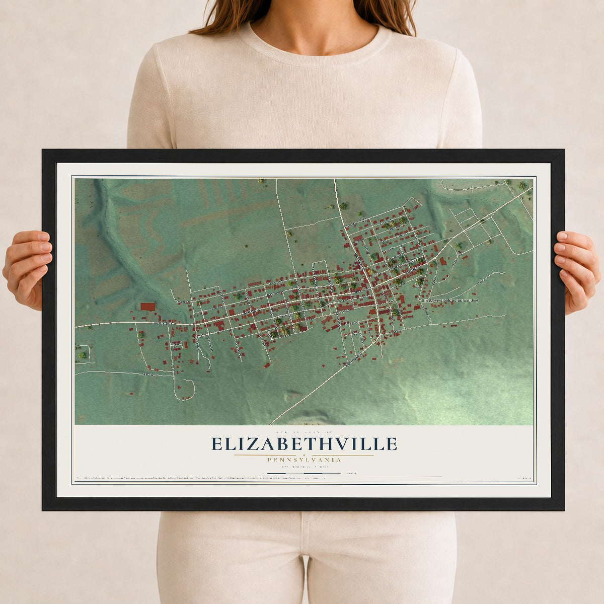 Map of Elizabethville, Pennsylvania, 12 x 18 inch print in a black wood frame