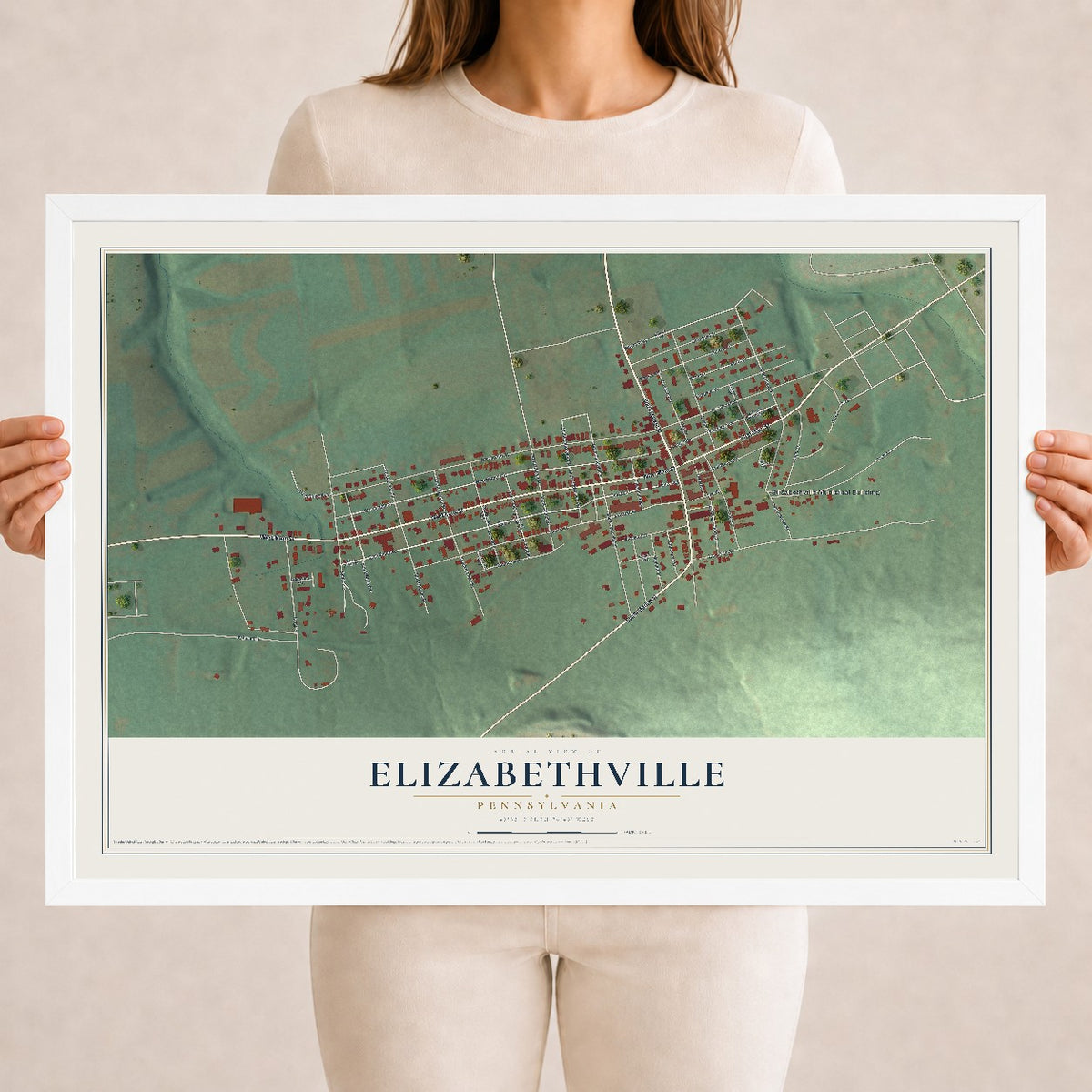 Map of Elizabethville, Pennsylvania, 18 x 24 inch print in a white wood frame