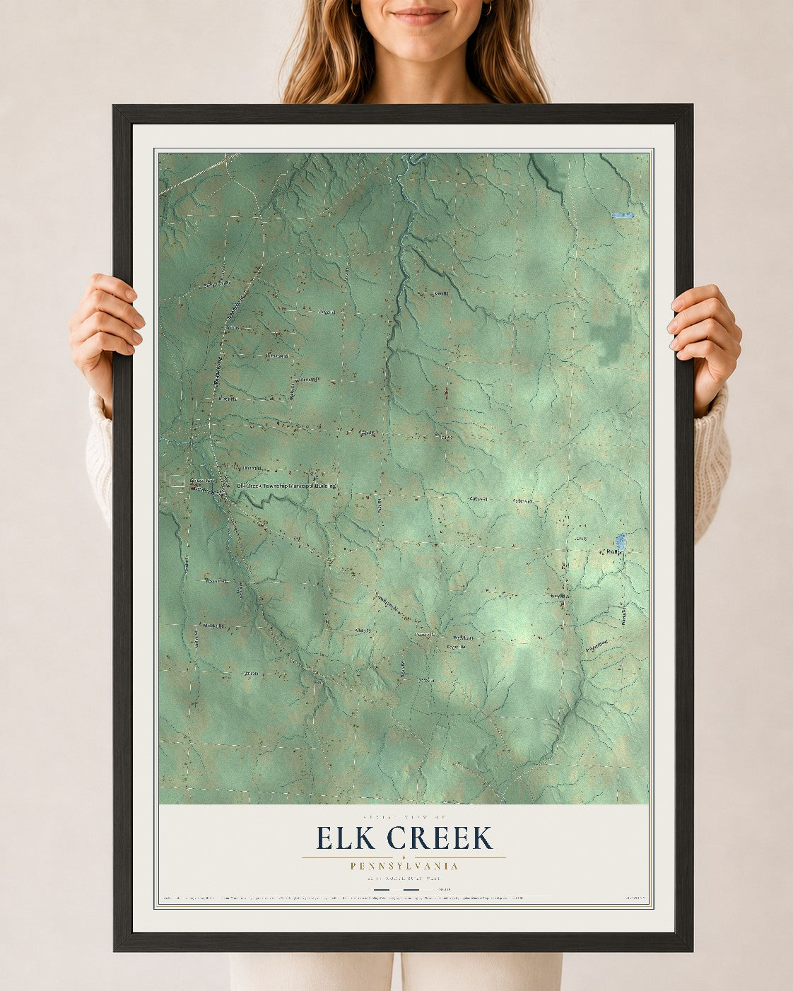 Map of Elk Creek, Pennsylvania, 24 x 36 inch print in a black wood frame