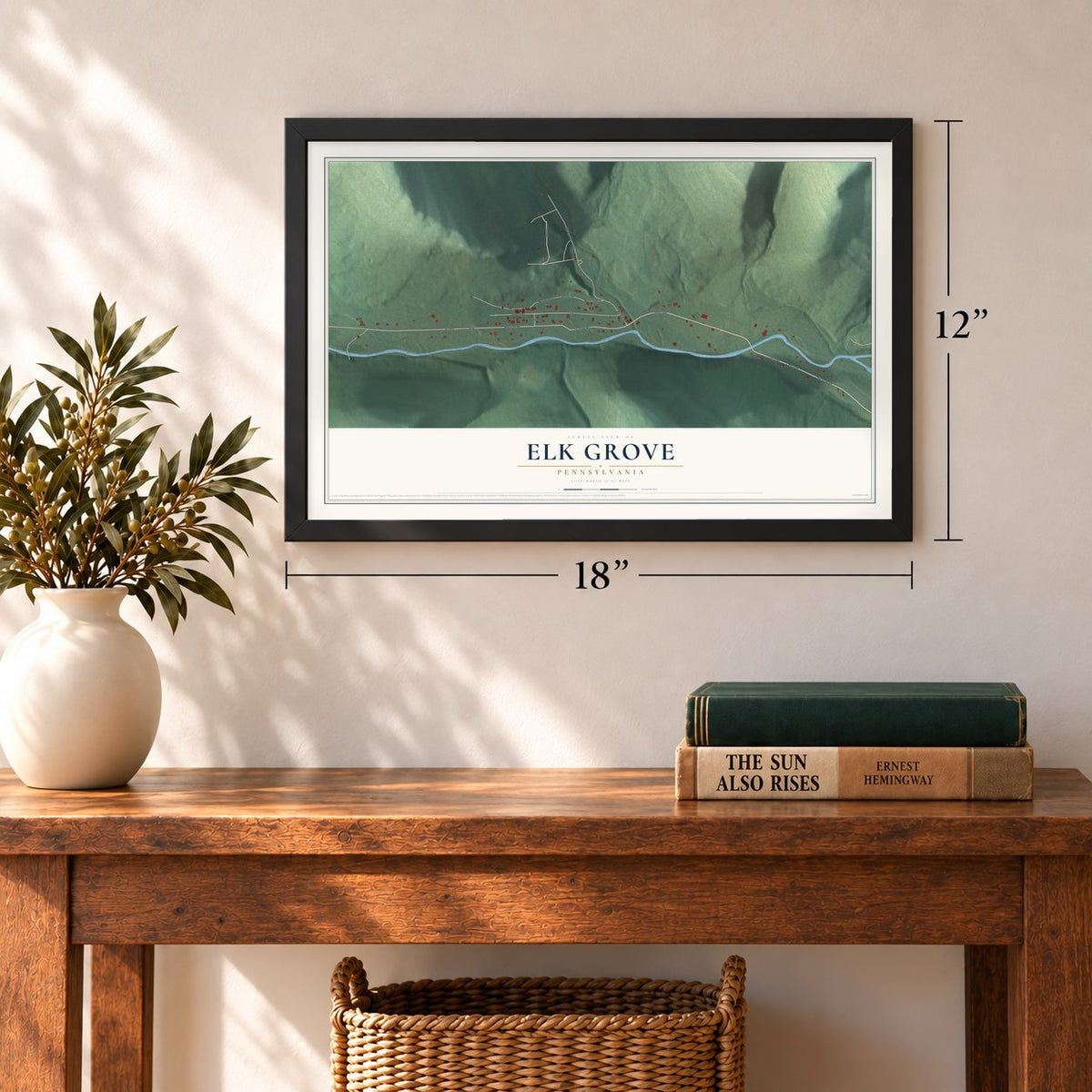 Elk Grove, Pennsylvania map, 12 x 18 inch print in a black frame in an entryway