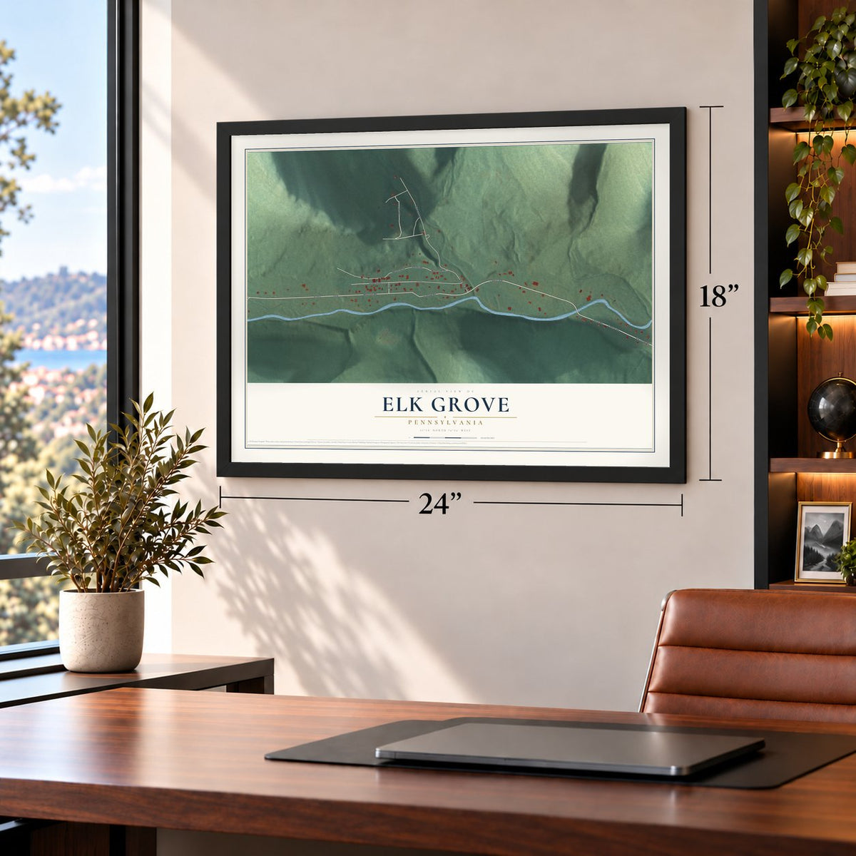 Elk Grove, Pennsylvania map, 18 x 24 inch print in a black frame in a home office