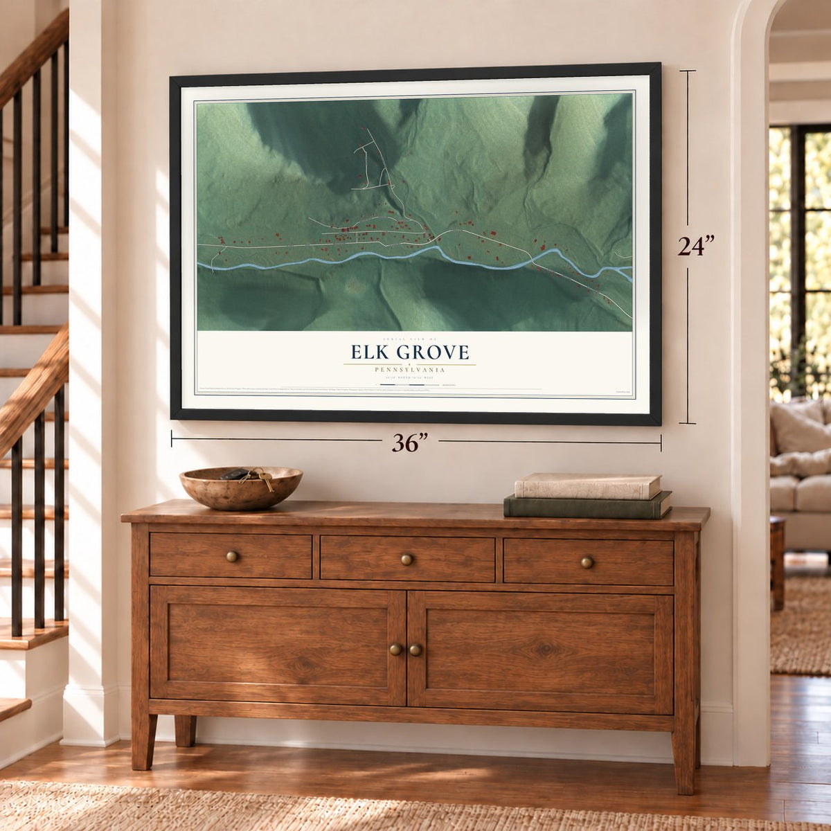 Elk Grove, Pennsylvania map, 24 x 36 inch print in a black frame above a dresser by a staircase