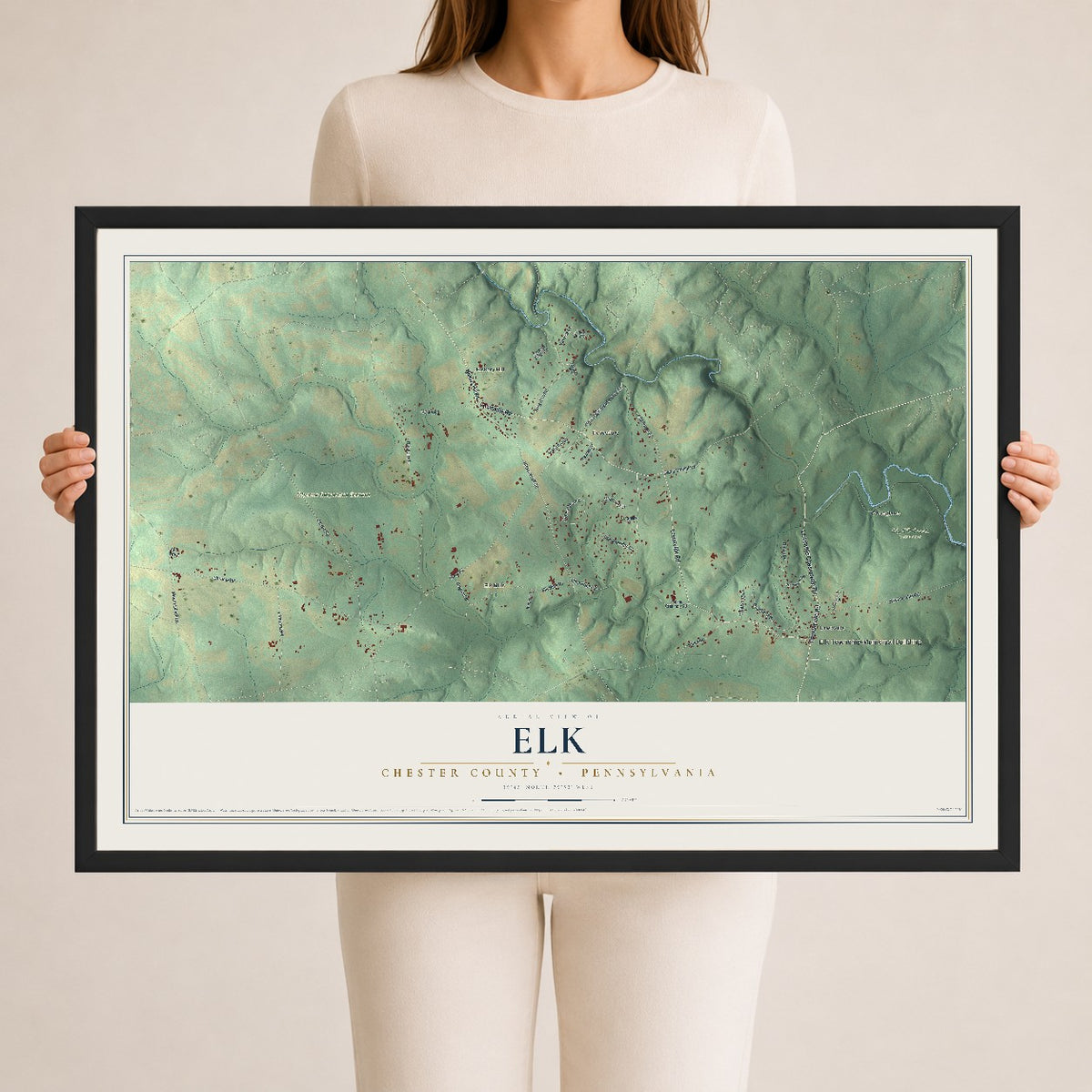 Map of Elk, Chester County, Pennsylvania, 24 x 36 inch print in a black wood frame