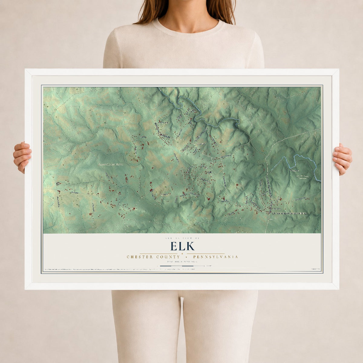 Map of Elk, Chester County, Pennsylvania, 24 x 36 inch print in a white wood frame