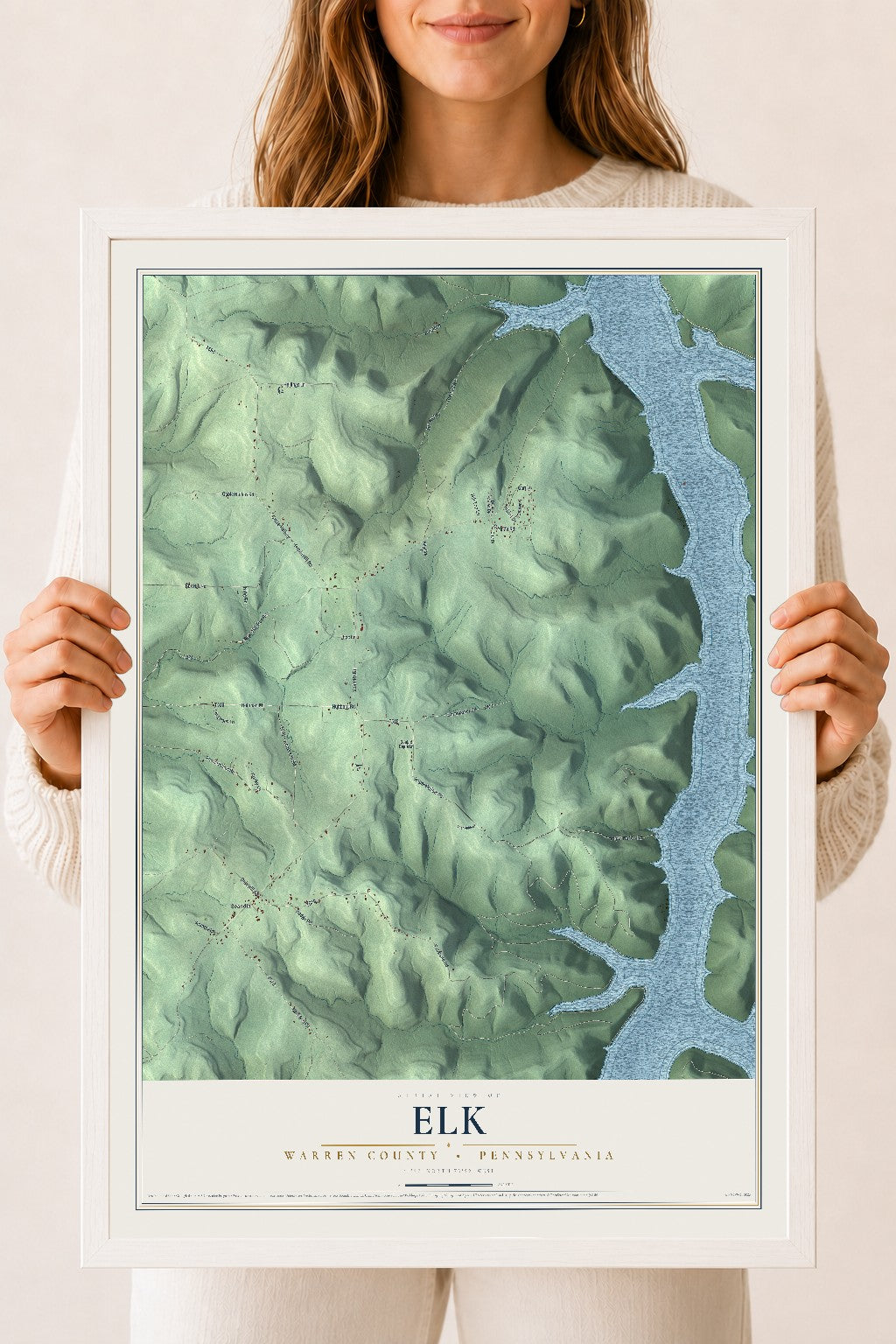 Map of Elk, Warren County, Pennsylvania, 18 x 24 inch print in a white wood frame