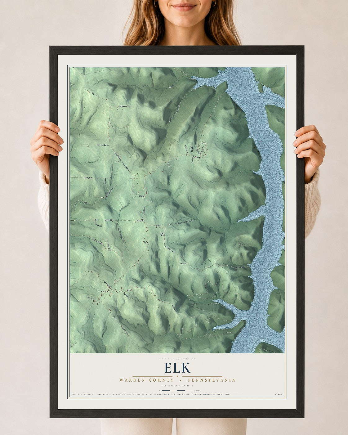 Map of Elk, Warren County, Pennsylvania, 24 x 36 inch print in a black wood frame