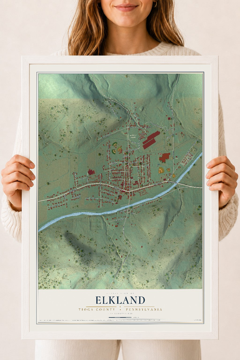 Map of Elkland, Tioga County, Pennsylvania, 18 x 24 inch print in a white wood frame