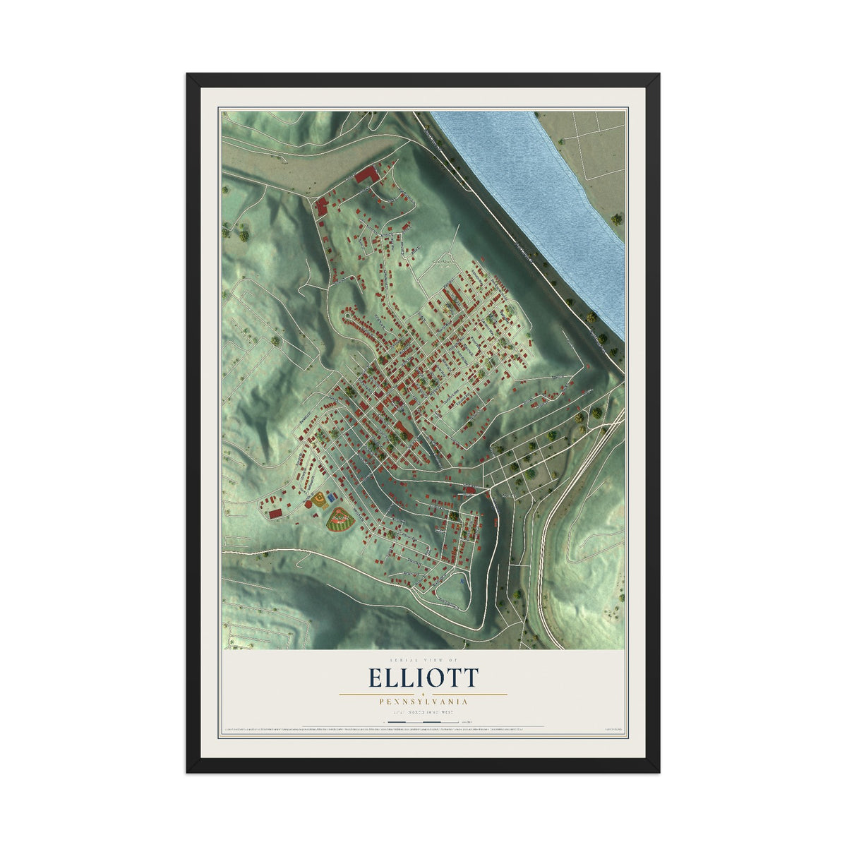 Map of Elliott, Pennsylvania, 12 x 18 inch print in a black wood frame