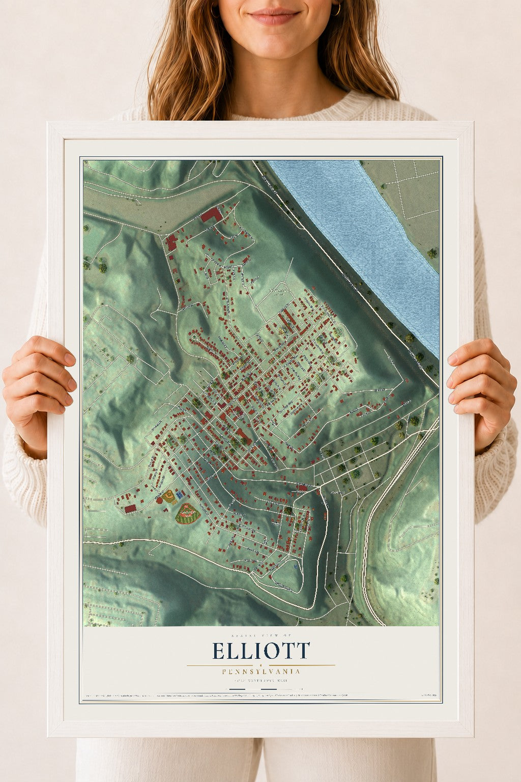 Map of Elliott, Pennsylvania, 18 x 24 inch print in a white wood frame
