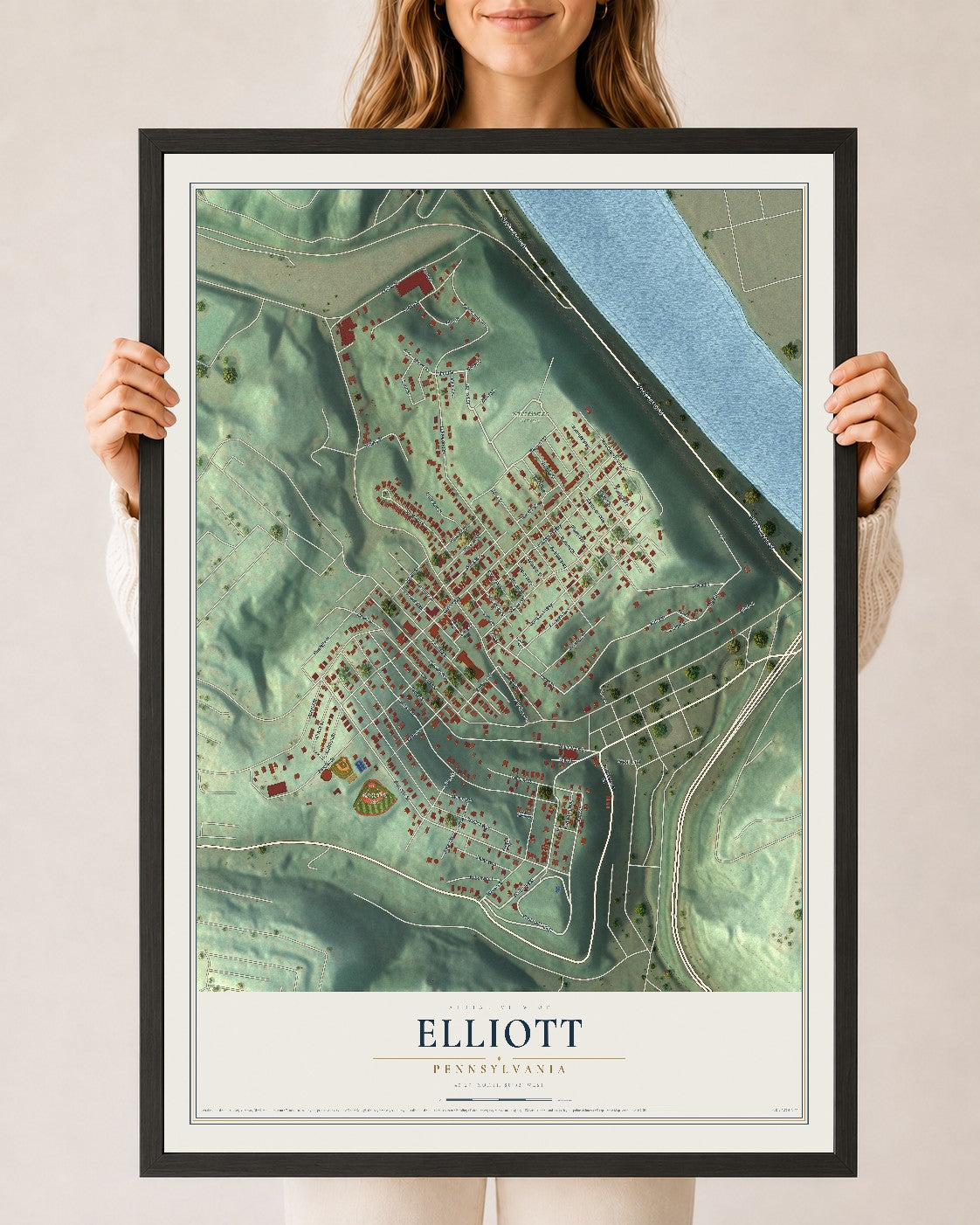 Map of Elliott, Pennsylvania, 24 x 36 inch print in a black wood frame