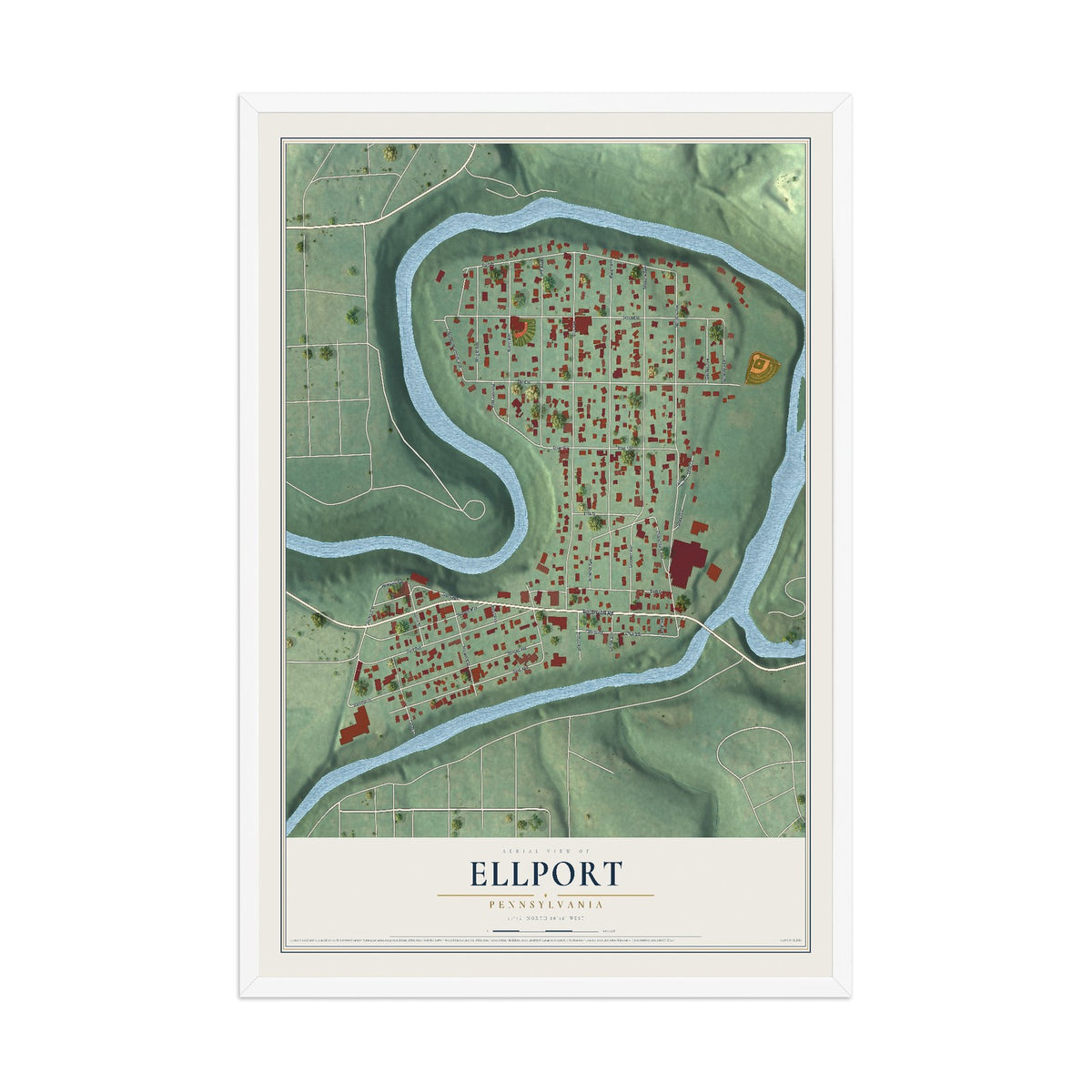 Map of Ellport, Pennsylvania, 12 x 18 inch print in a white wood frame