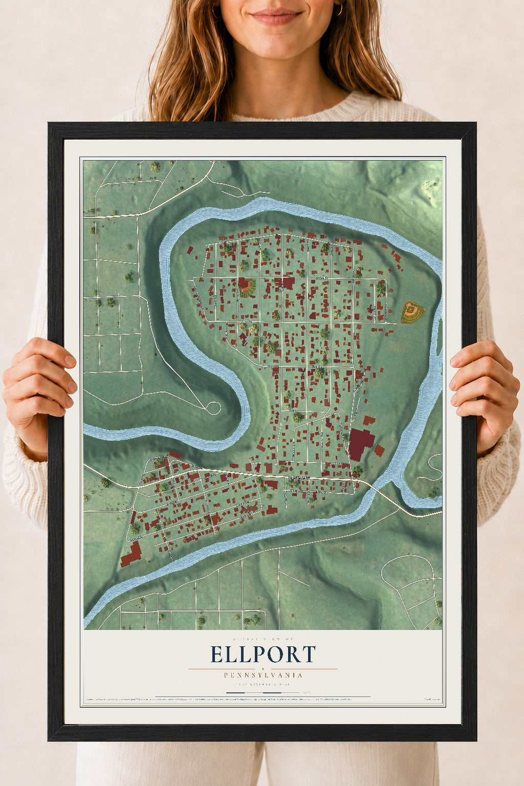 Map of Ellport, Pennsylvania, 18 x 24 inch print in a black wood frame