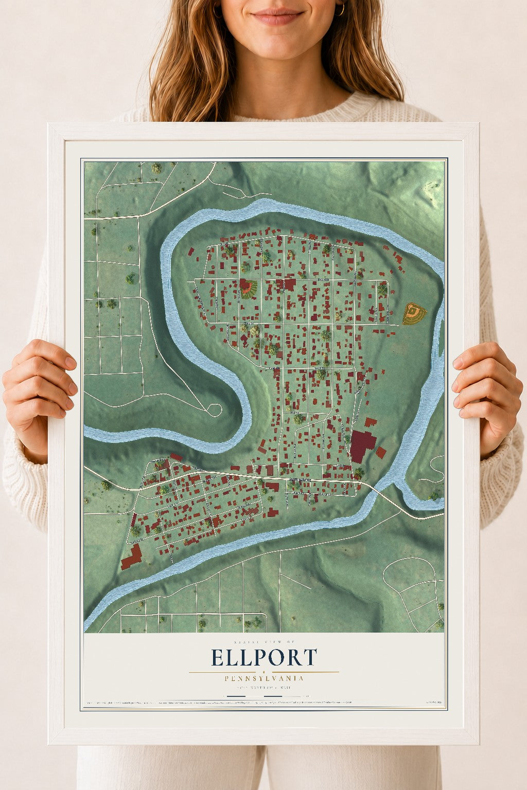 Map of Ellport, Pennsylvania, 18 x 24 inch print in a white wood frame