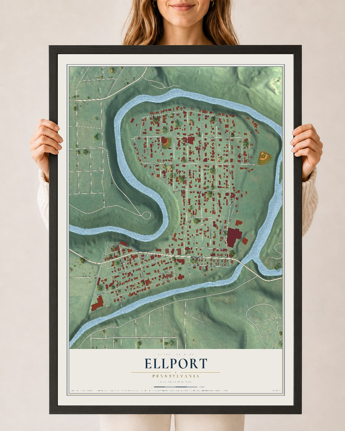 Map of Ellport, Pennsylvania, 24 x 36 inch print in a black wood frame