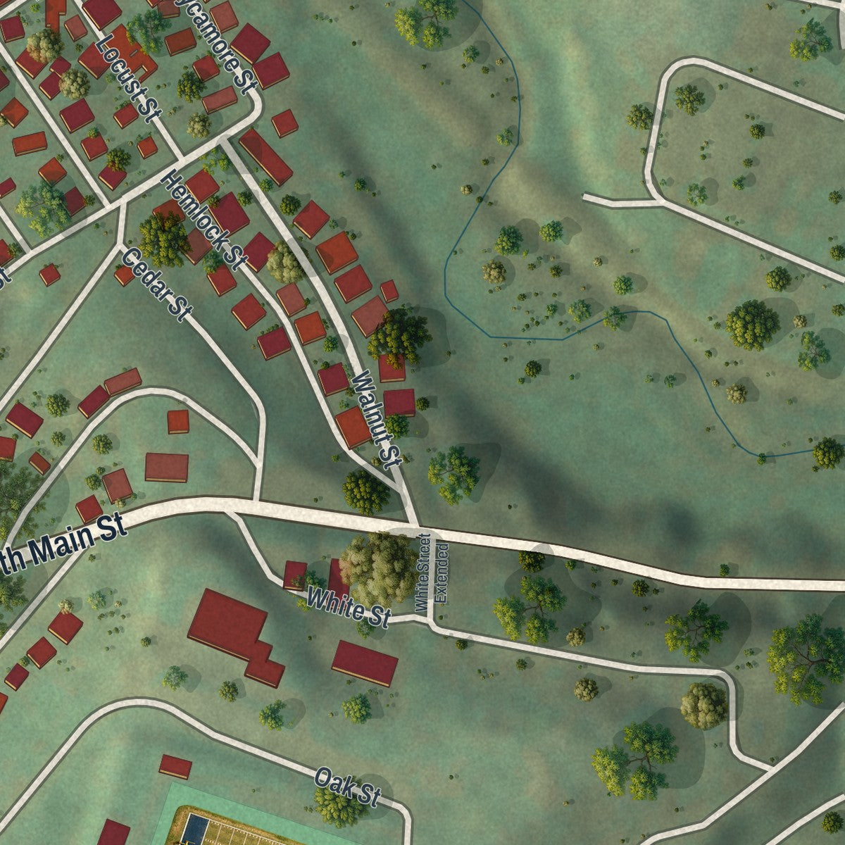 Close-up of the map of Ellsworth, Pennsylvania print showing street and building detail