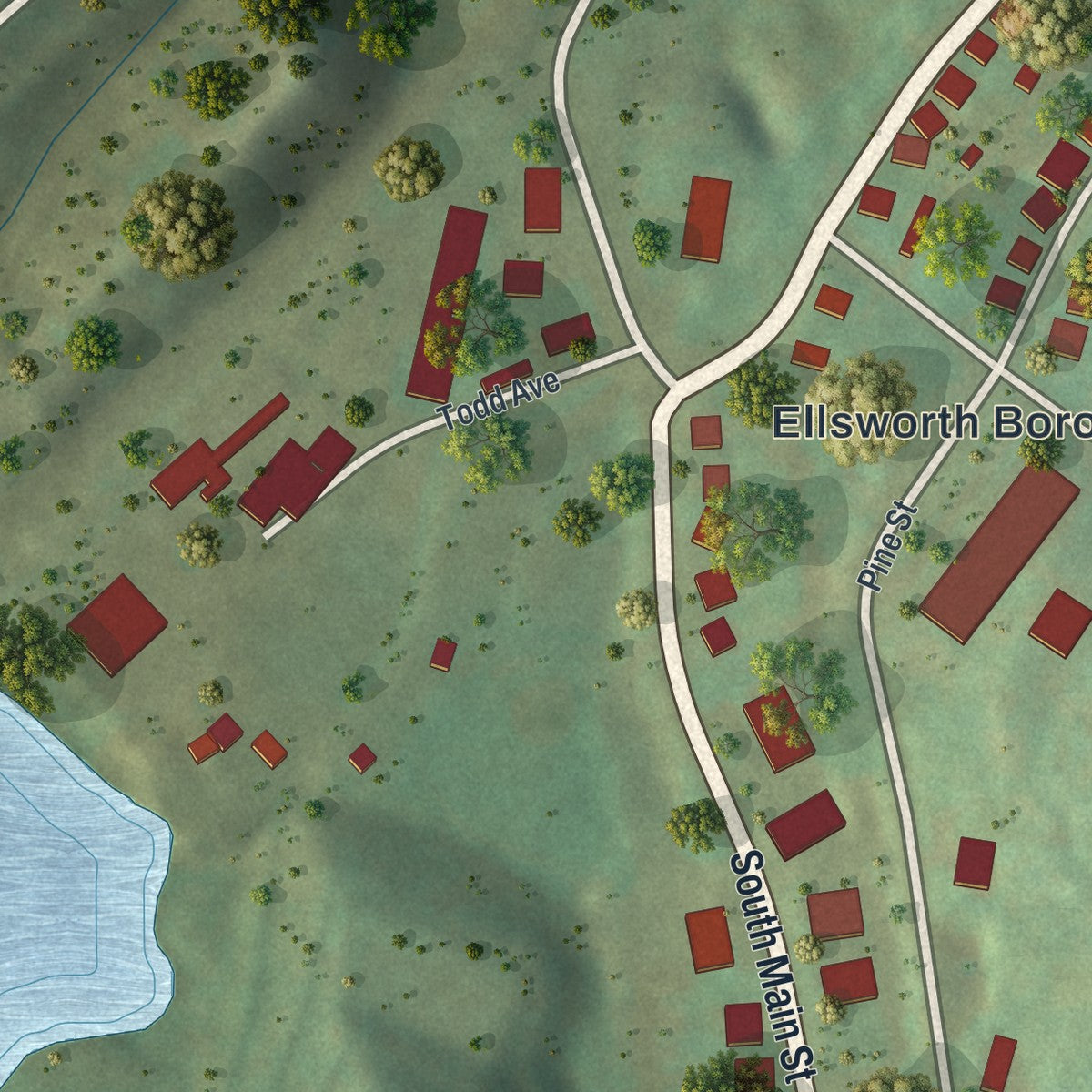 Second close-up of the map of Ellsworth, Pennsylvania print showing more streets and buildings