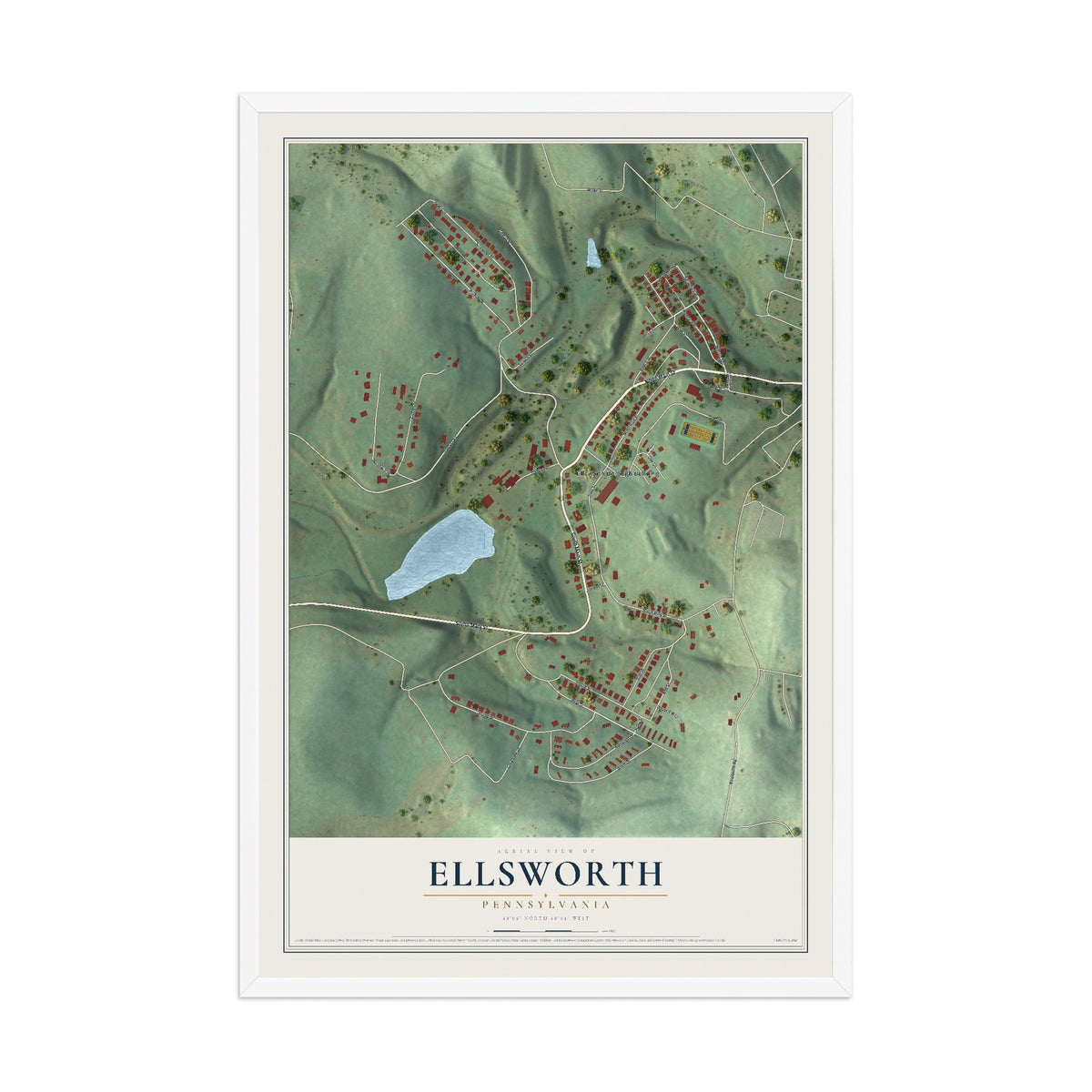 Map of Ellsworth, Pennsylvania, 12 x 18 inch print in a white wood frame