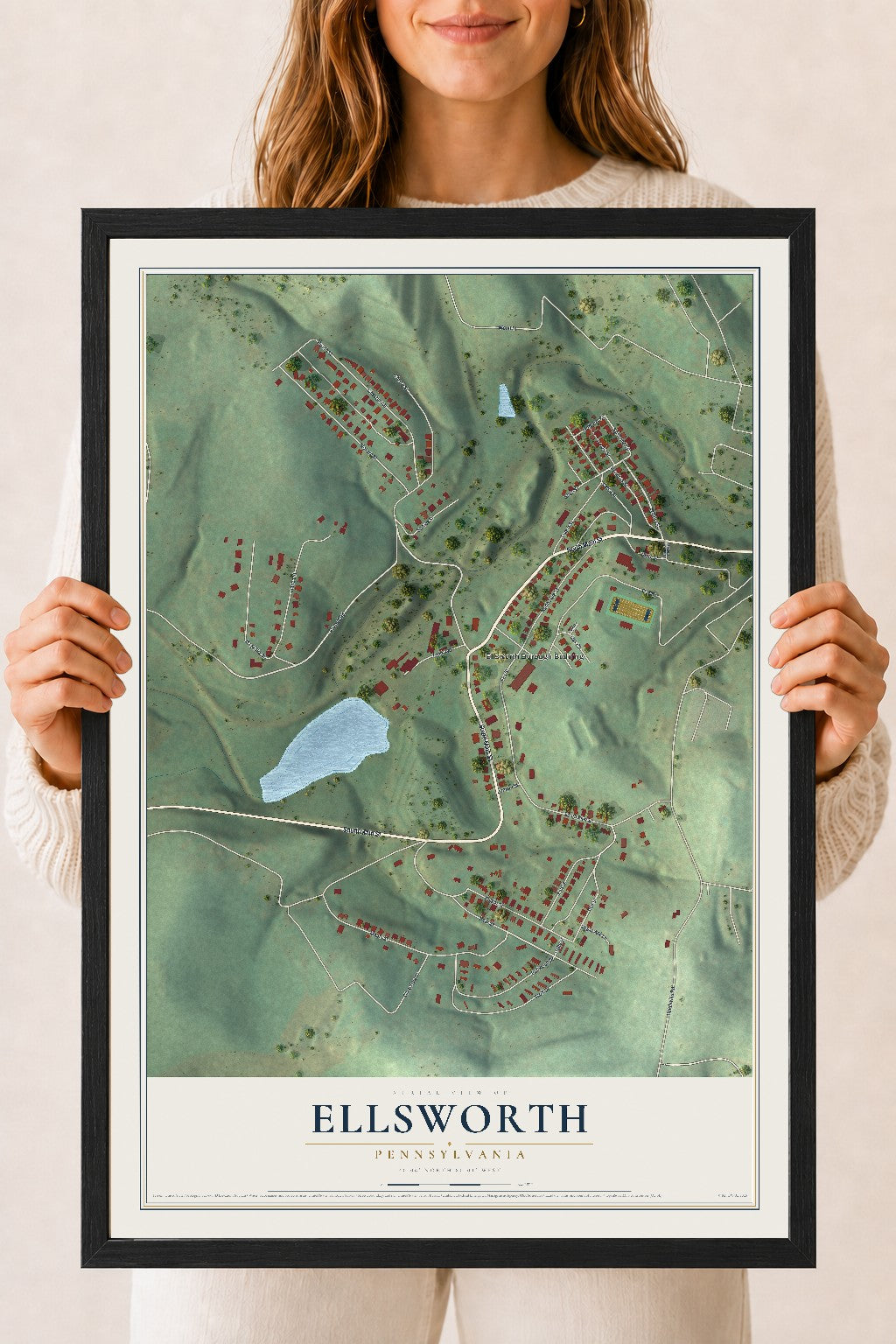 Map of Ellsworth, Pennsylvania, 18 x 24 inch print in a black wood frame