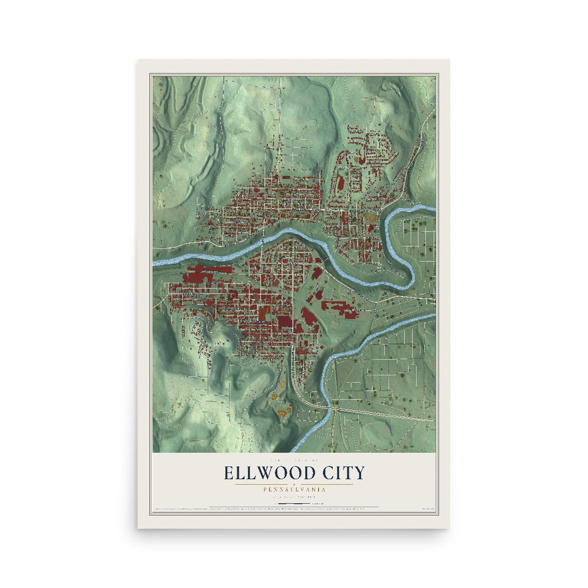 Map of Ellwood City, Pennsylvania, 12 x 18 inch unframed archival matte print