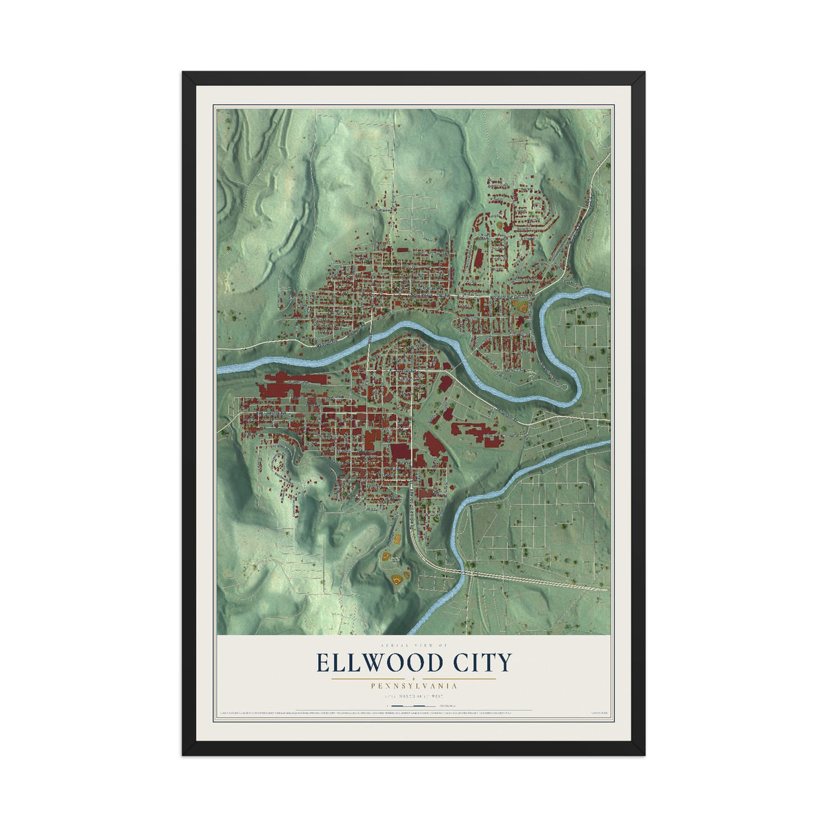 Map of Ellwood City, Pennsylvania, 12 x 18 inch print in a black wood frame