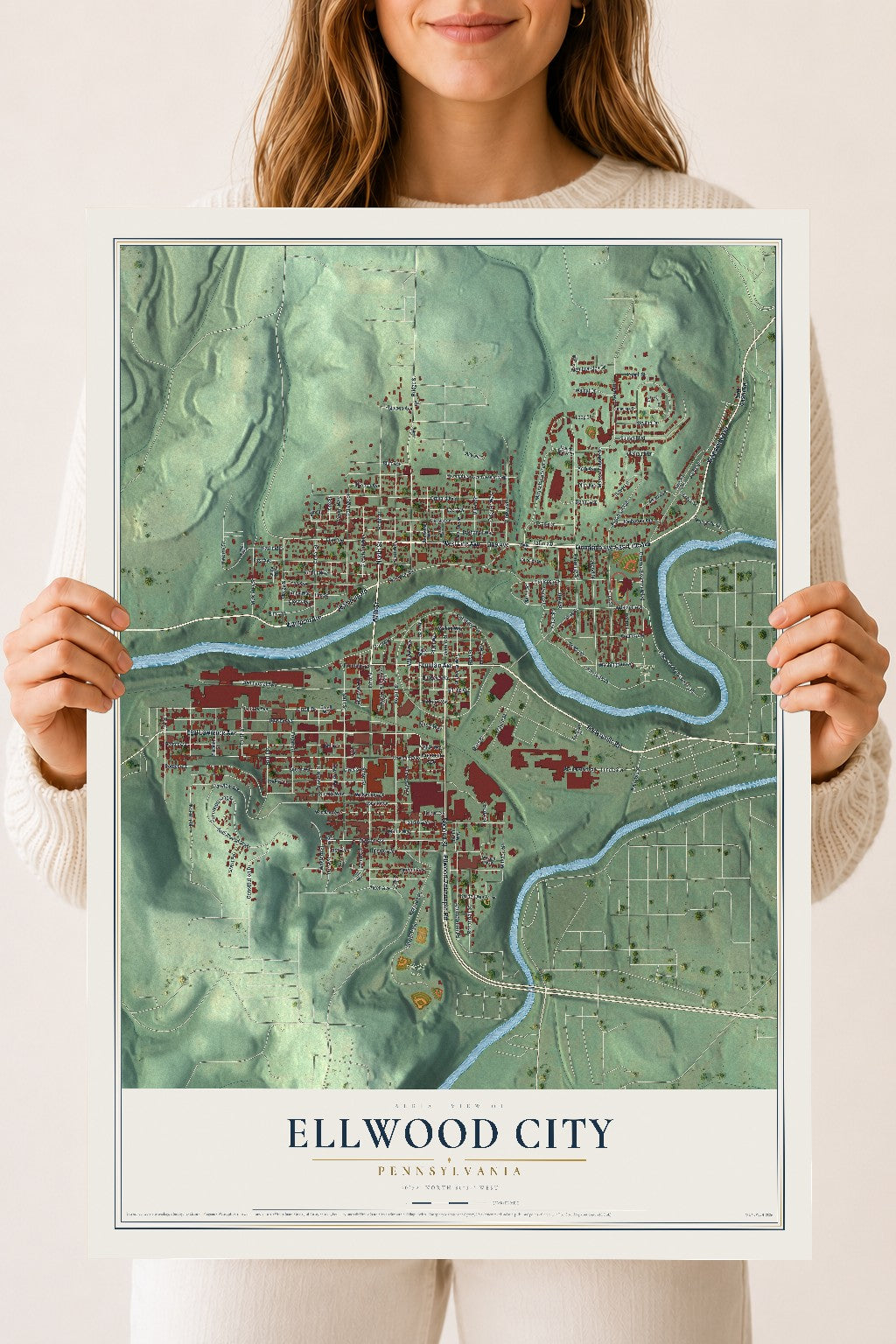 Map of Ellwood City, Pennsylvania, 18 x 24 inch unframed archival matte print