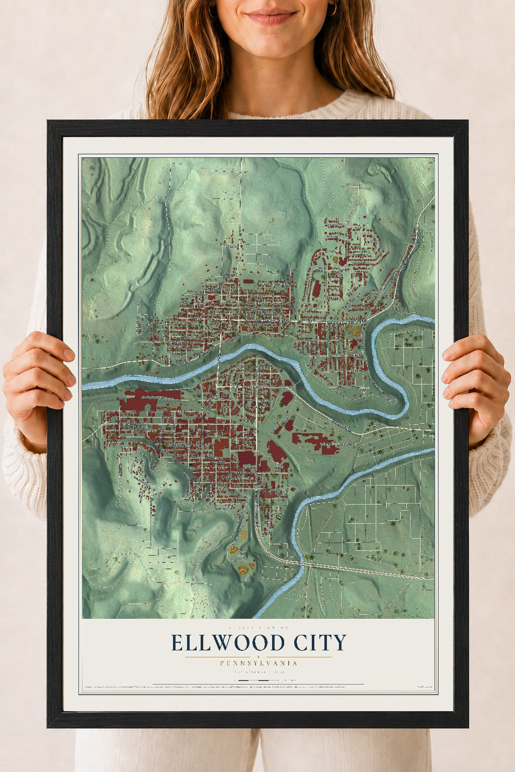 Map of Ellwood City, Pennsylvania, 18 x 24 inch print in a black wood frame
