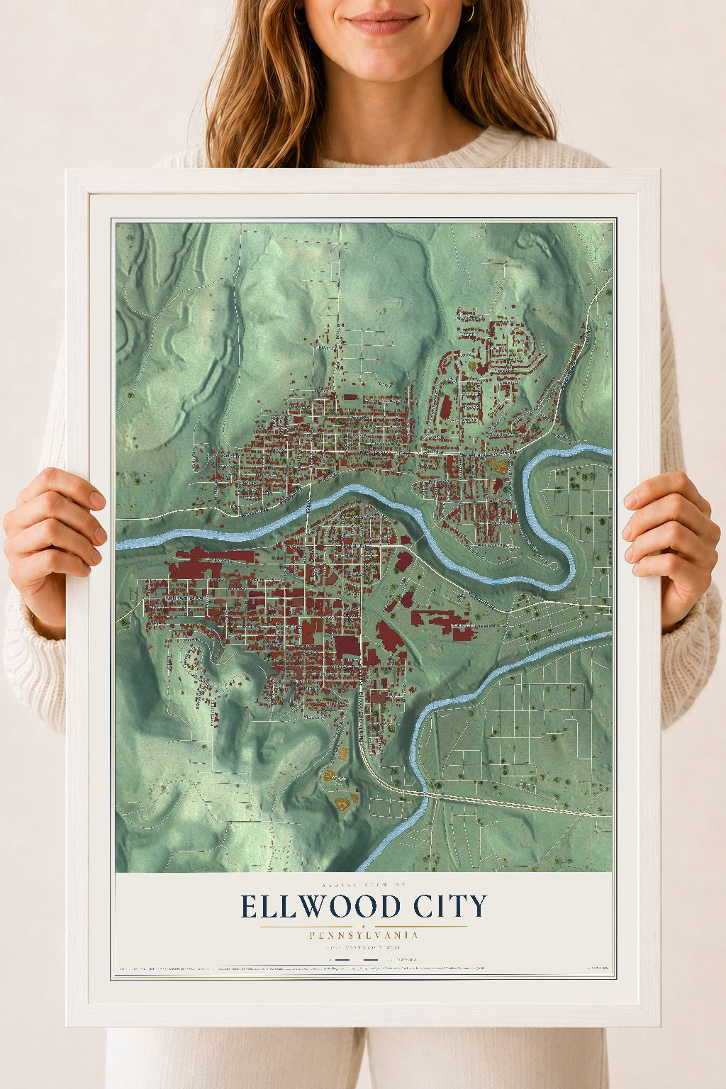 Map of Ellwood City, Pennsylvania, 18 x 24 inch print in a white wood frame