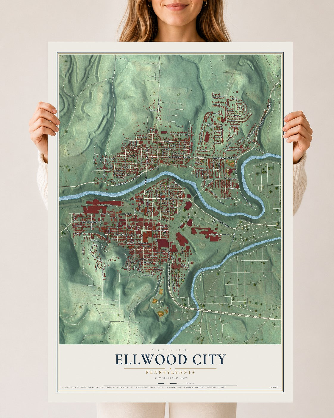 Map of Ellwood City, Pennsylvania, 24 x 36 inch unframed archival matte print