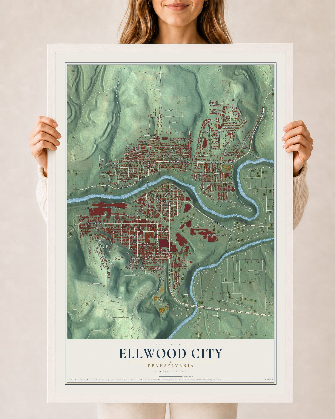 Map of Ellwood City, Pennsylvania, 24 x 36 inch print in a white wood frame