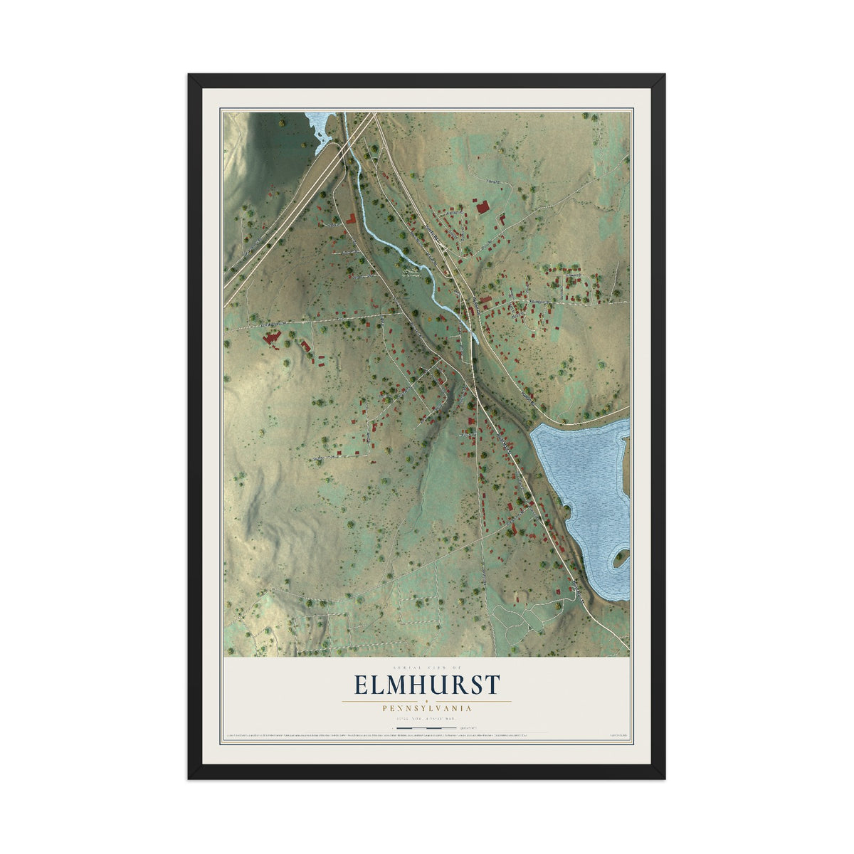 Map of Elmhurst, Pennsylvania, 12 x 18 inch print in a black wood frame