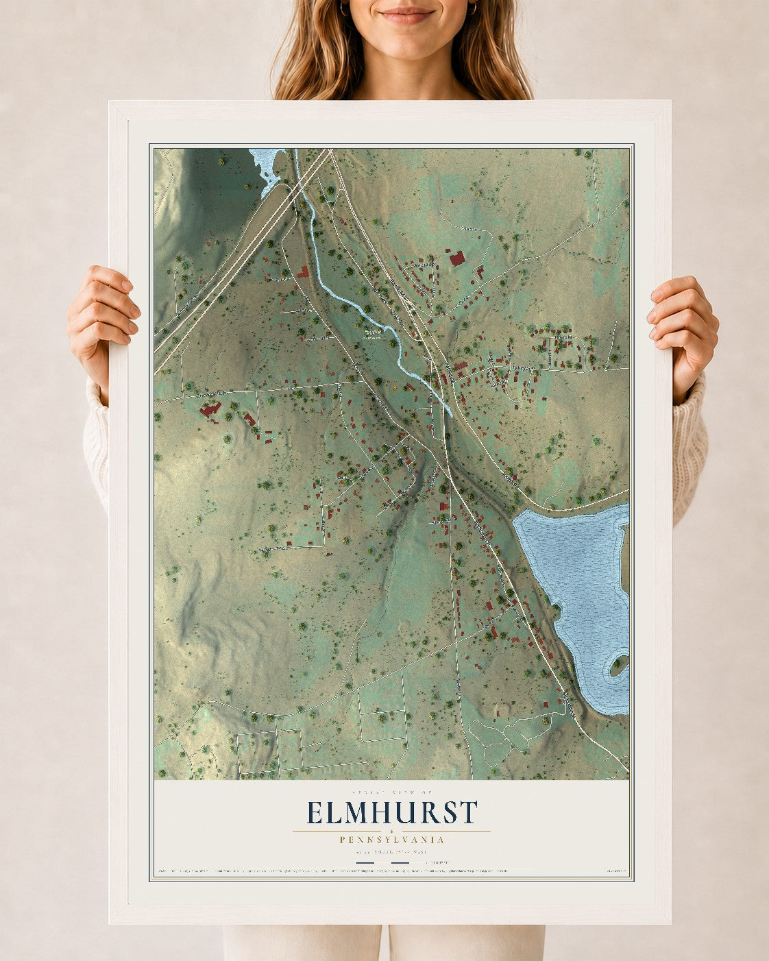 Map of Elmhurst, Pennsylvania, 24 x 36 inch print in a white wood frame