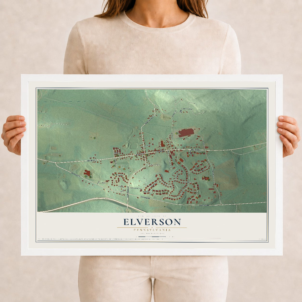 Map of Elverson, Pennsylvania, 12 x 18 inch print in a white wood frame