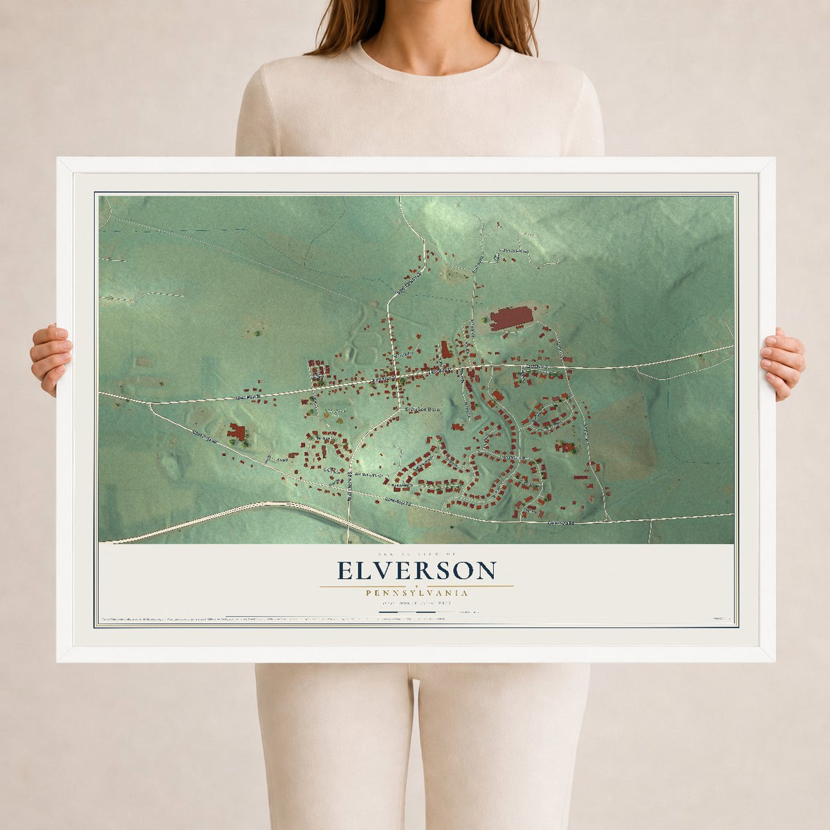 Map of Elverson, Pennsylvania, 24 x 36 inch print in a white wood frame