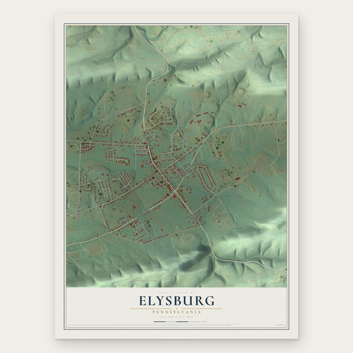 Elysburg, Pennsylvania map print, the full design