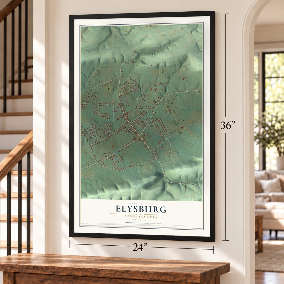 Elysburg, Pennsylvania map, 24 x 36 inch print in a black frame by a staircase