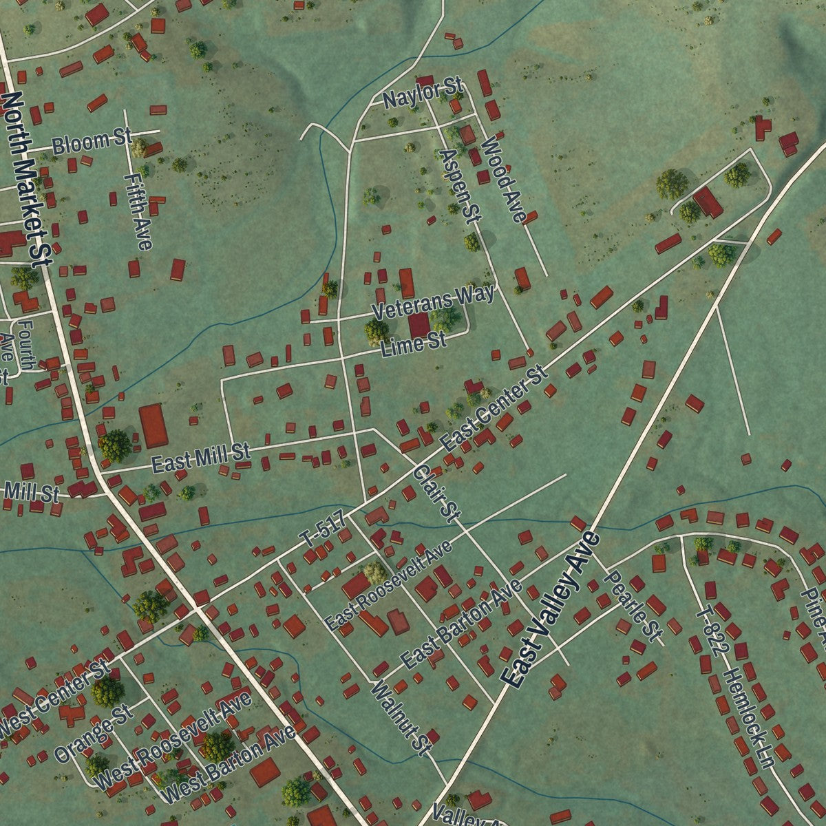 Close-up of the map of Elysburg, Pennsylvania print showing street and building detail