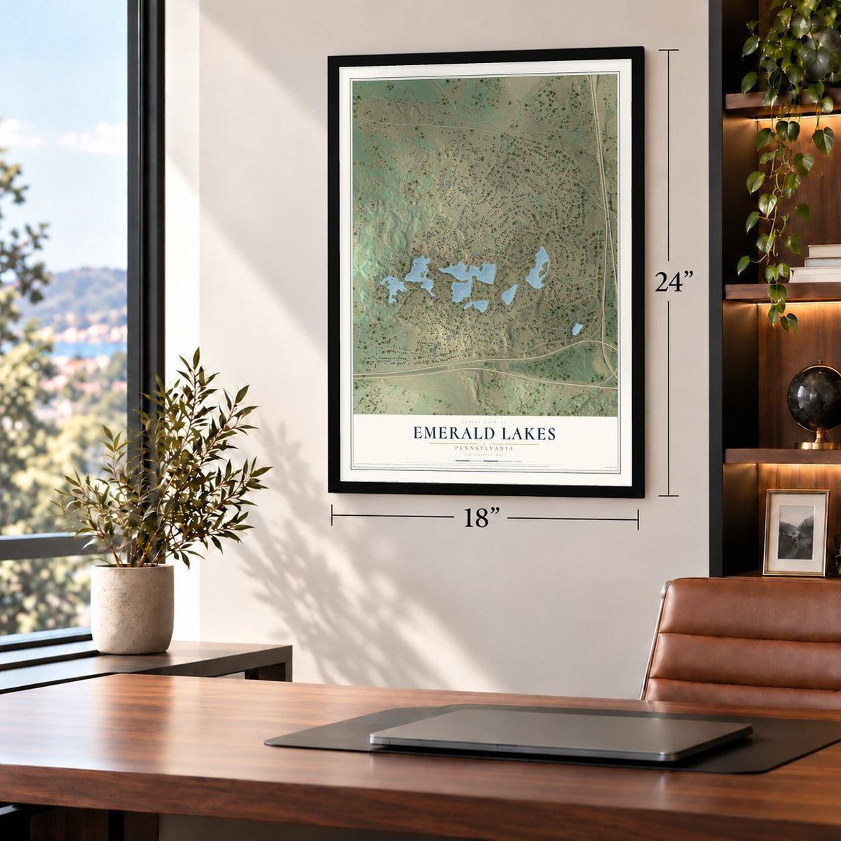 Emerald Lakes, Pennsylvania map, 18 x 24 inch print in a black frame in a home office