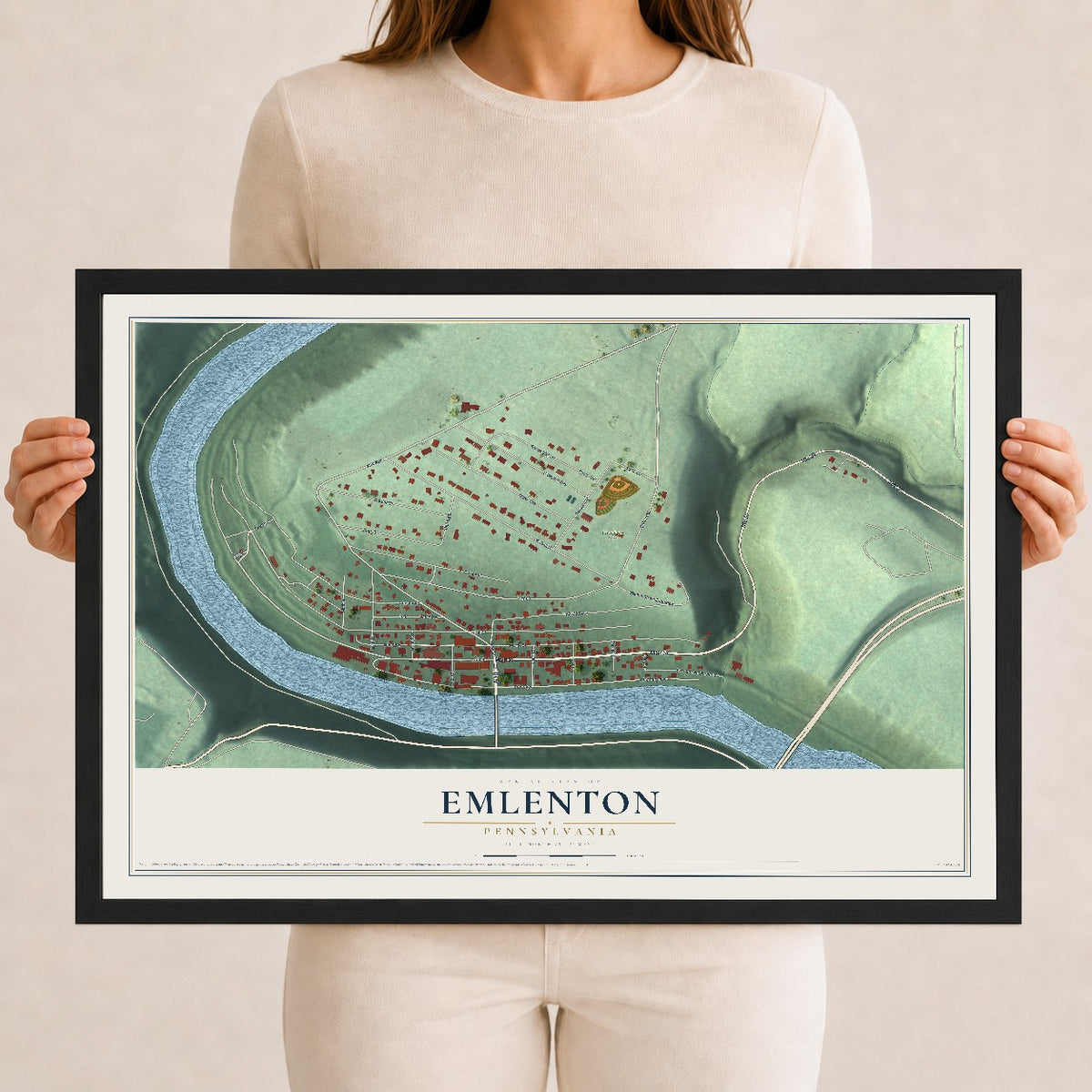 Map of Emlenton, Pennsylvania, 12 x 18 inch print in a black wood frame