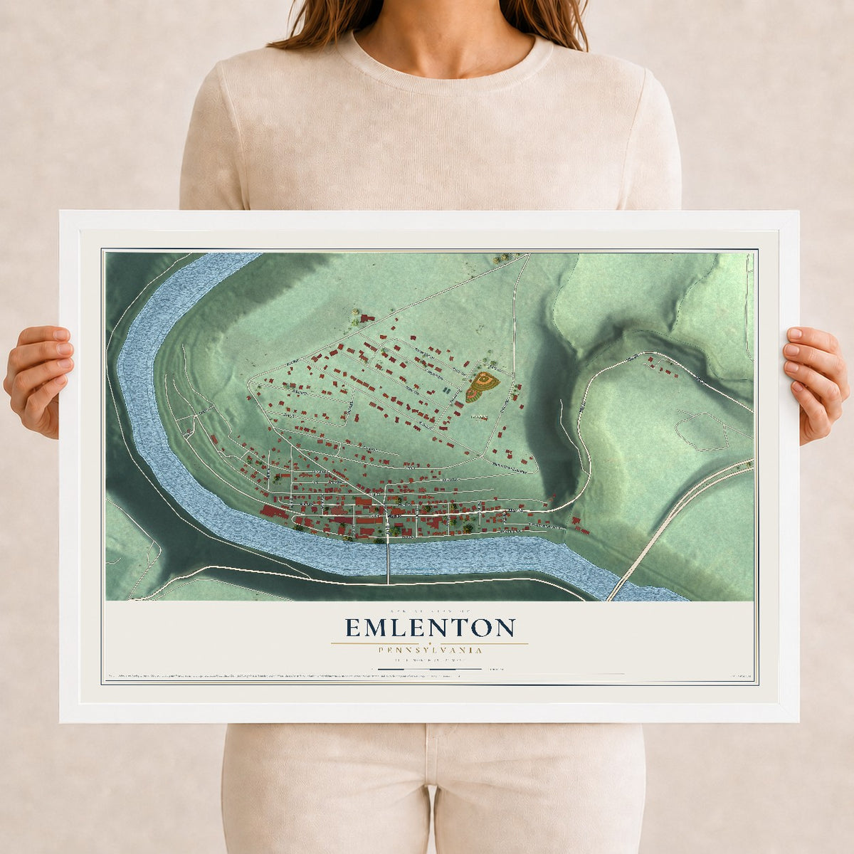 Map of Emlenton, Pennsylvania, 12 x 18 inch print in a white wood frame